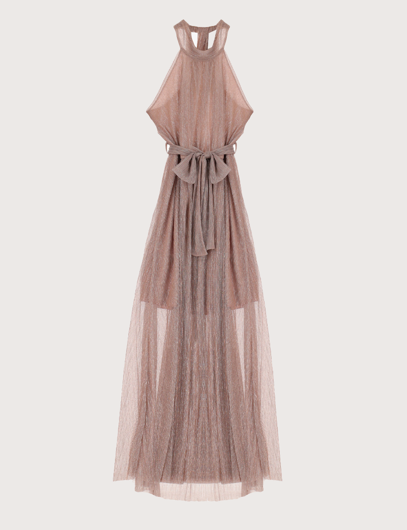 DIXIE ROBE LONGUE MÉTALLIQUE ET CEINTURE BEIGE