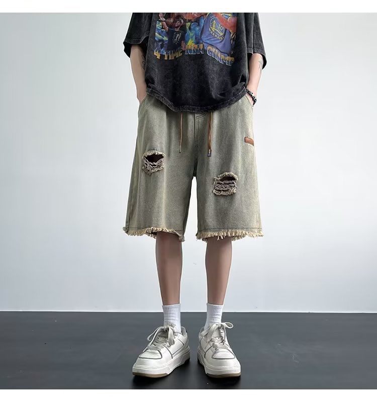 Femilina - Mid Rise Washed Distressed Denim Shorts