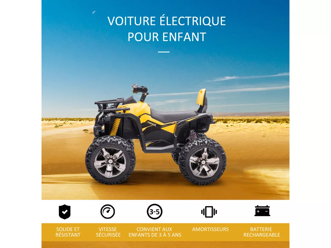 Voiture 4x4 quad buggy électrique enfant 12 V 5 Km/h max. effets lumineux sonores selle avec dossier porte-bagage avant métal PP jaune noir