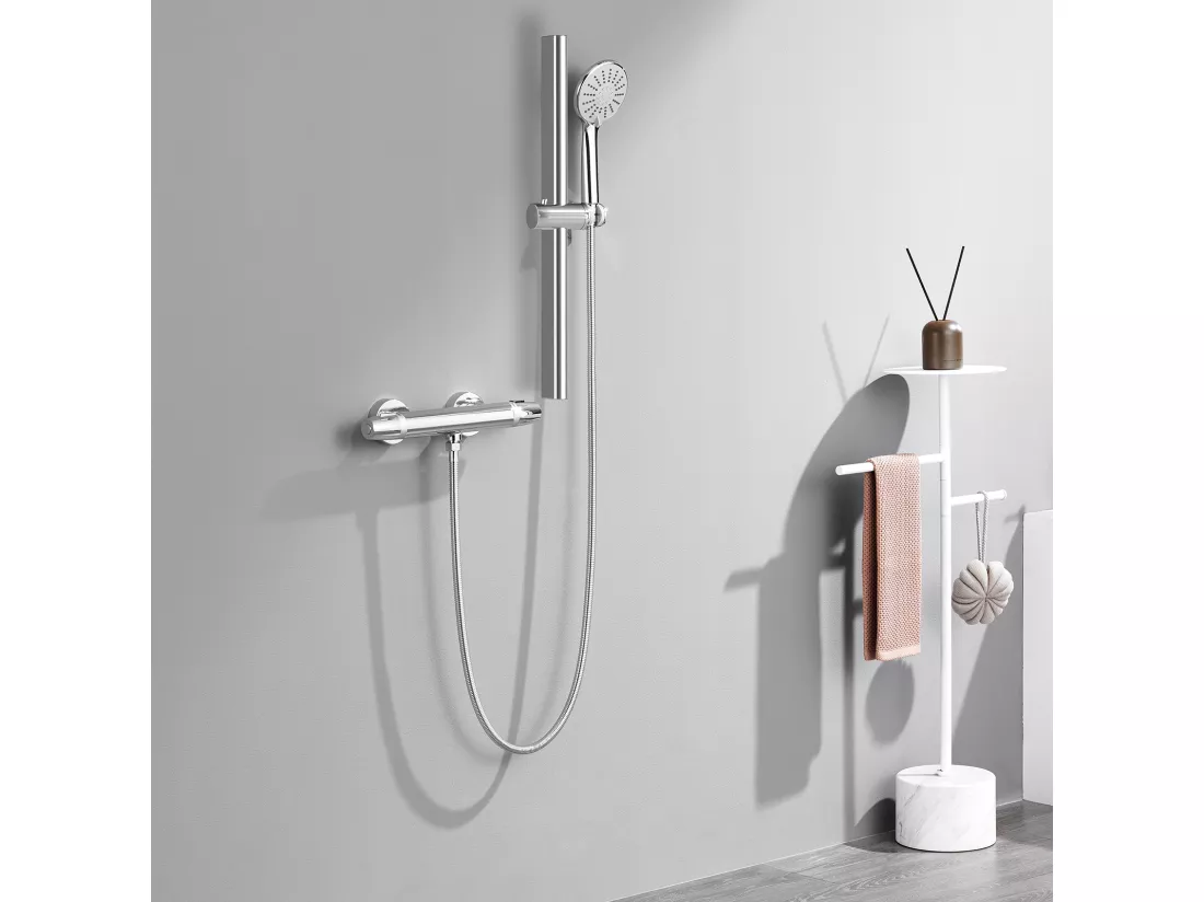 Auralum Max Mitigeur de Douche Thermostatique à Fixation Murale Anti-brûlure, Robinet d'Eau Chaude/Froide,Température Constante de 38°,Chromé