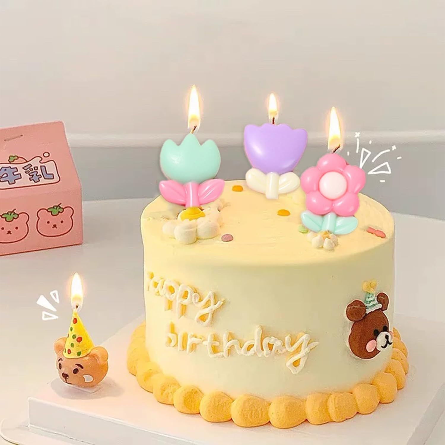 (3er Set) Mini Blumen Geburtstags Kerzen Kuchenstecker Happy Birthday Deko für Torten / Kuchen - Pastell