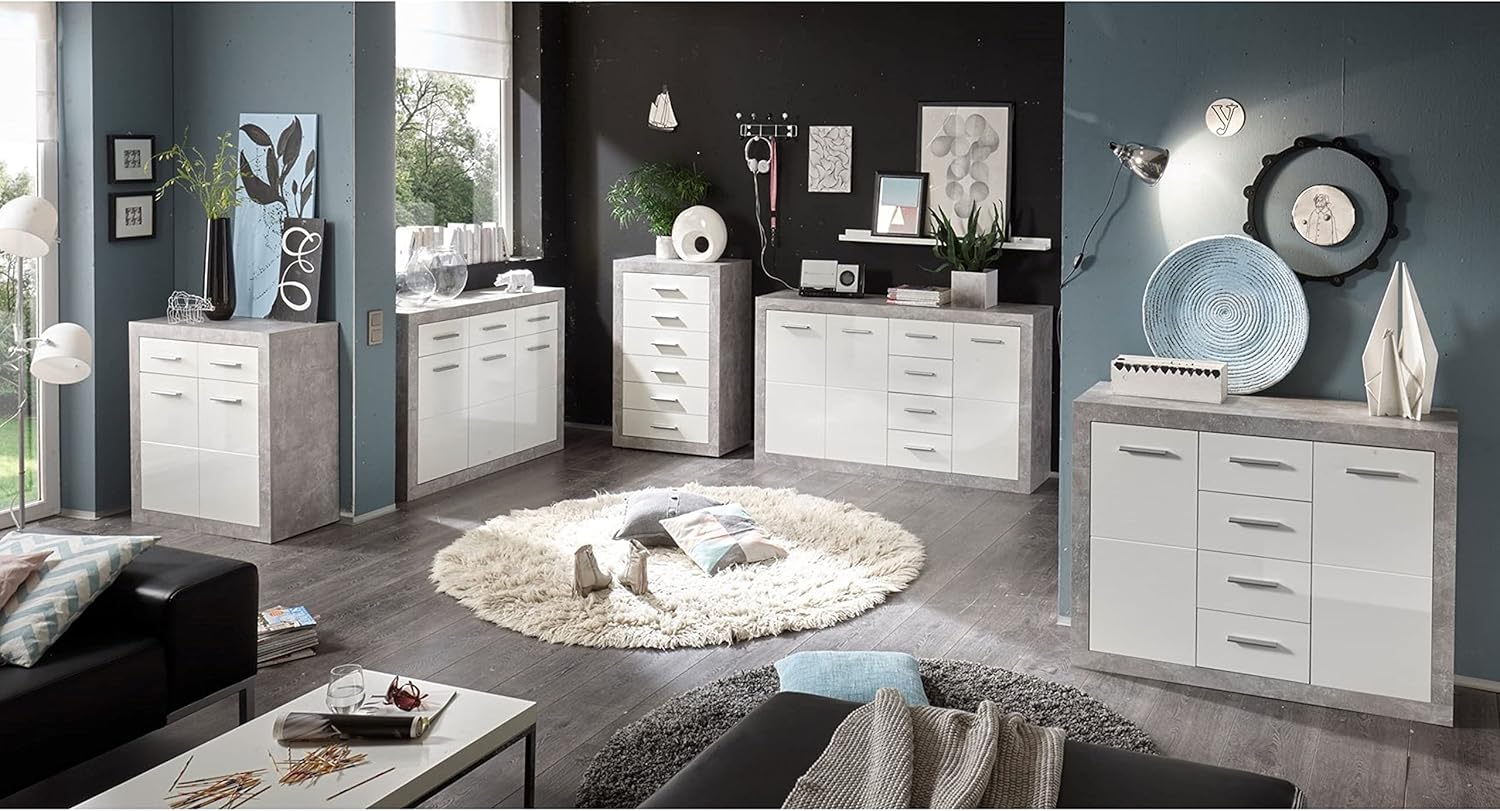 STONE Kommode mit Schubladen in Beton Optik, Weiß Hochglanz - Moderne Kommode mit viel Stauraum für Ihren Wohnbereich 152 x 88 x 37 cm (B/H/T)