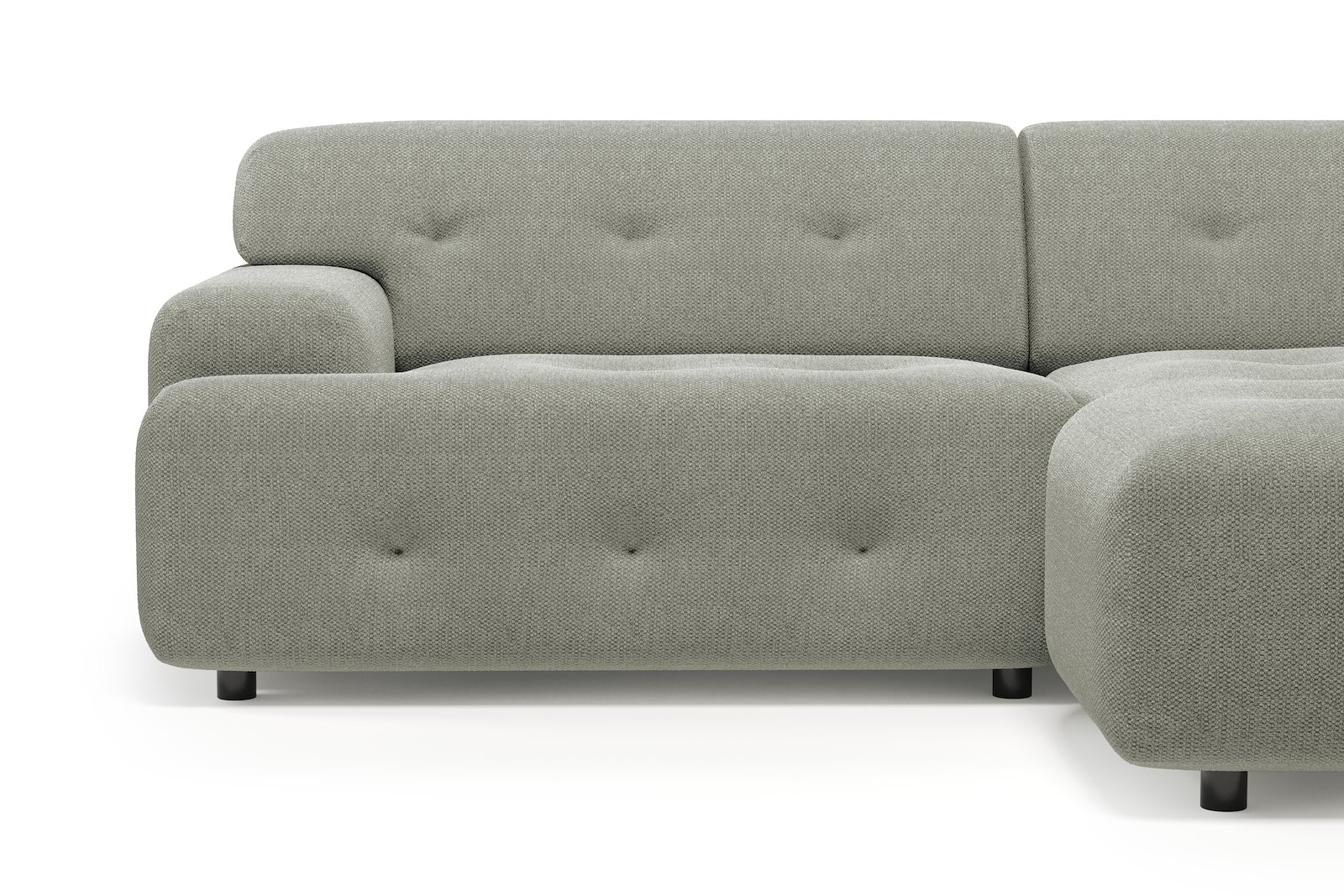 Bob sofa 1,5-seter med sjeselong høyre. Tekstil Mito 180 Light Grey med sorte ben.