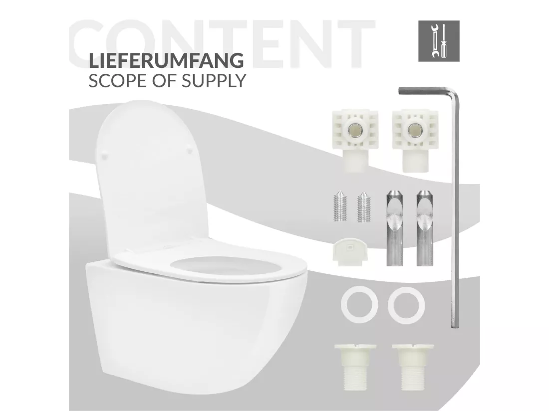 ECD Germany WC Suspendu sans Rebord en Céramique Blanc, Revêtement Nano, Toilette Murale Suspendue Long 52cm, avec Siège Softclose Silencieuse, Chasse d'Eau