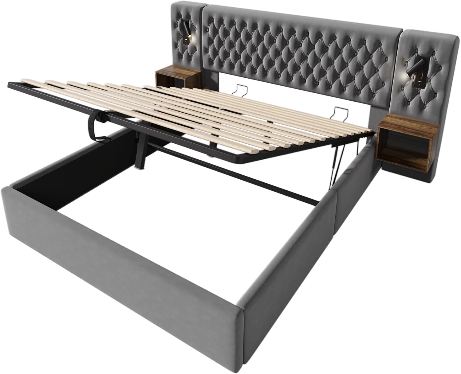 Polsterbett Doppelbett Bettanlage 180x200 cm, Schlafzimmer Komplett Set, Hydraulisch Stauraumbett mit 2x Nachtkommoden, LED Kopfteil Bett mit Leselicht & USB Ladefunktion, Samt, Ohne Matratze, Grau