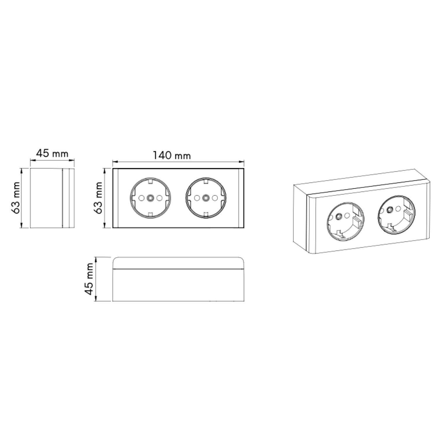 kalb | 2-fach Steckdosenleiste zur Montage, 2x 230V Steckdose 140x46x62.5 mm, Anschlusskabel ohne Stecker, Silbergrau