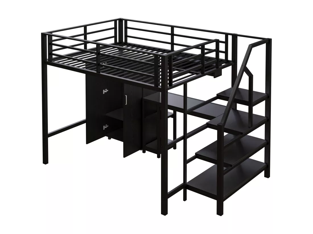 Lit mezzanine 140 x 200 cm avec bureau, armoire et étagères - Métal + MDF - Noir (sans matelas)