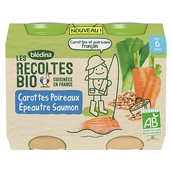 Blédina Colheitas Orgânicas: Cenouras, Alho-poró, Espelta, Salmão, Pacote com 2 x 200g
