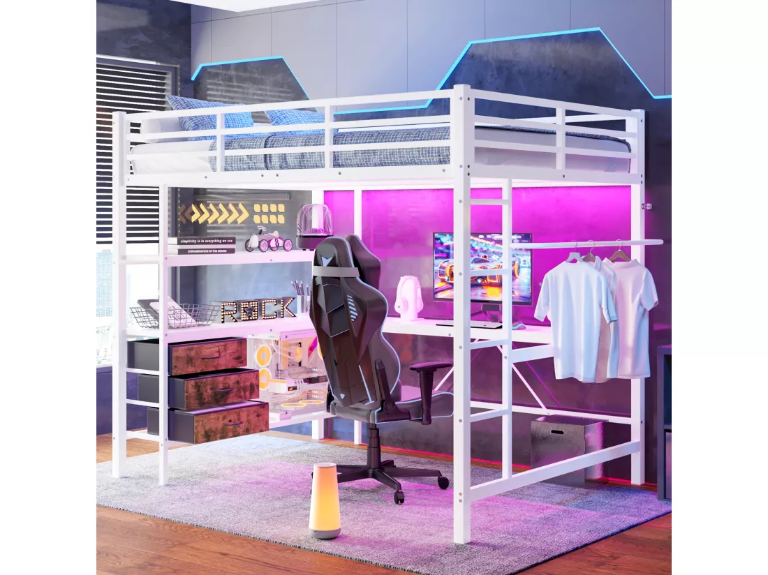 Lit mezzanine 140 x 200 cm avec bureau d'angle, 3 tiroirs et étagères - Prise USB et Lumière d'ambiance - Métal - Blanc (sans matelas)