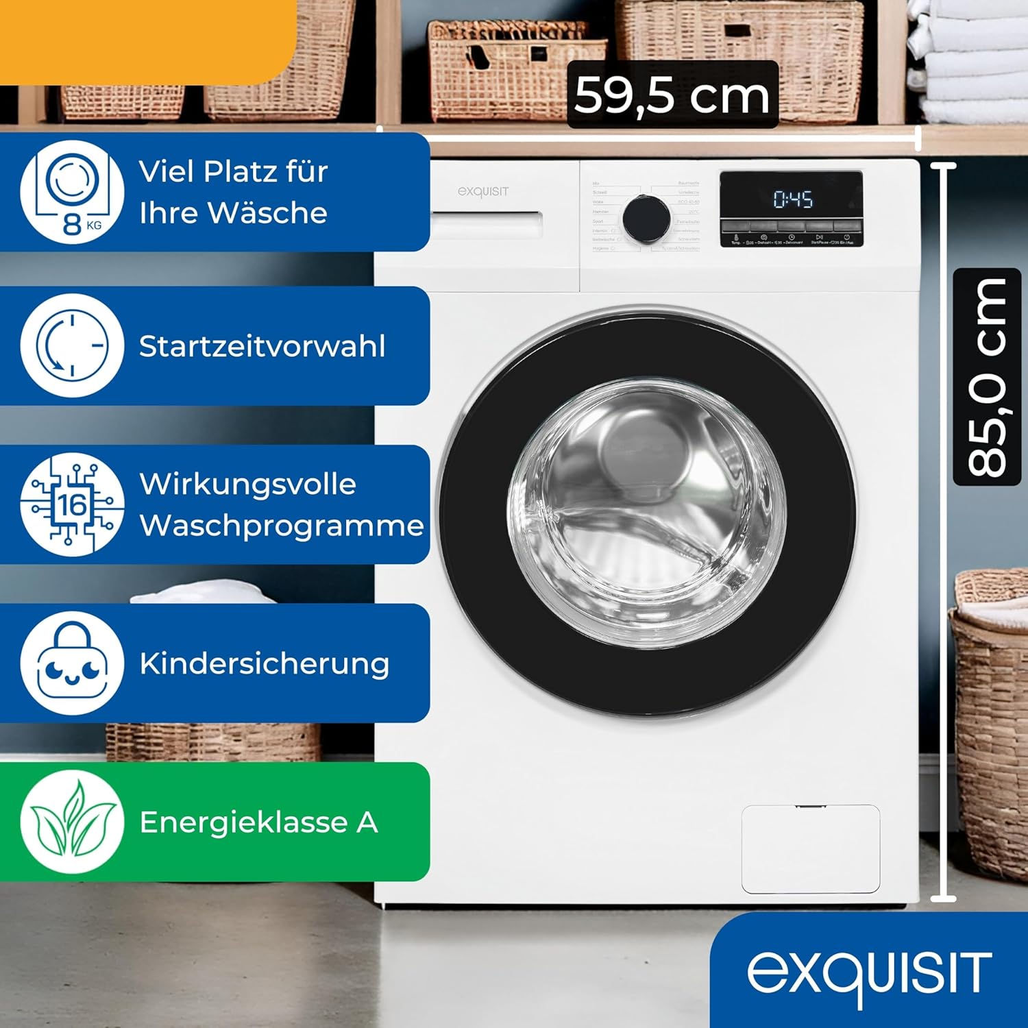 Exquisit Waschmaschine 8kg, Energieeffizienzklasse A, max. 1400 U/Min, Schnellprogramm, Startzeitvorwahl (3-24 Std.), Kindersicherung, Aquastop, ECO, 16 Waschprogramme, WA58014-340A weiss