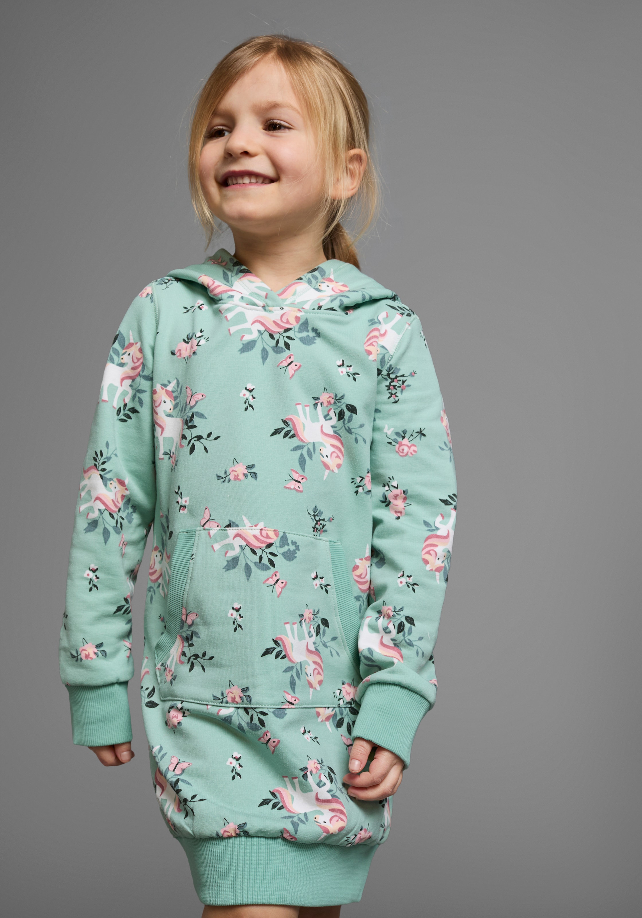 KIDSWORLD Sweatkleid »Einhorn« Kängurutasche bis Mitte des Oberschenkels,  mädchenhafter Style