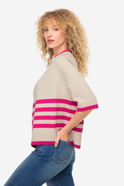 Pullover, Stehkragen, 3/4-Ärmel, Ringel am Saum