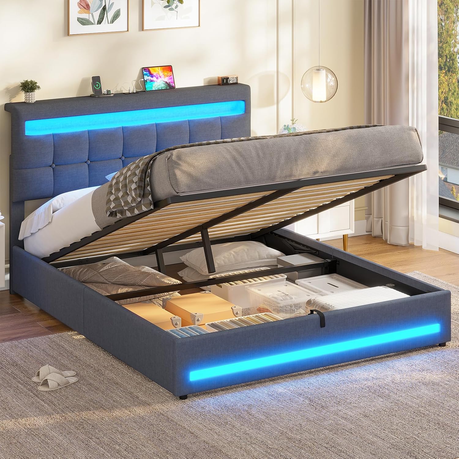 AOGLLATI Hydraulisch Stauraumbett 140×200cm, Polsterbett Doppelbett mit LED und USB-Ladefunktion, Funktionsbett Bettgestell mit Stauraum und Lattenrost, Linen,Ohne Matratze, Dunkelgrau