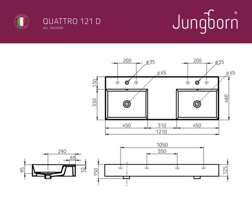 Jungborn dubbele wastafel QUATTRO 121 x 46 cm wit glanzend