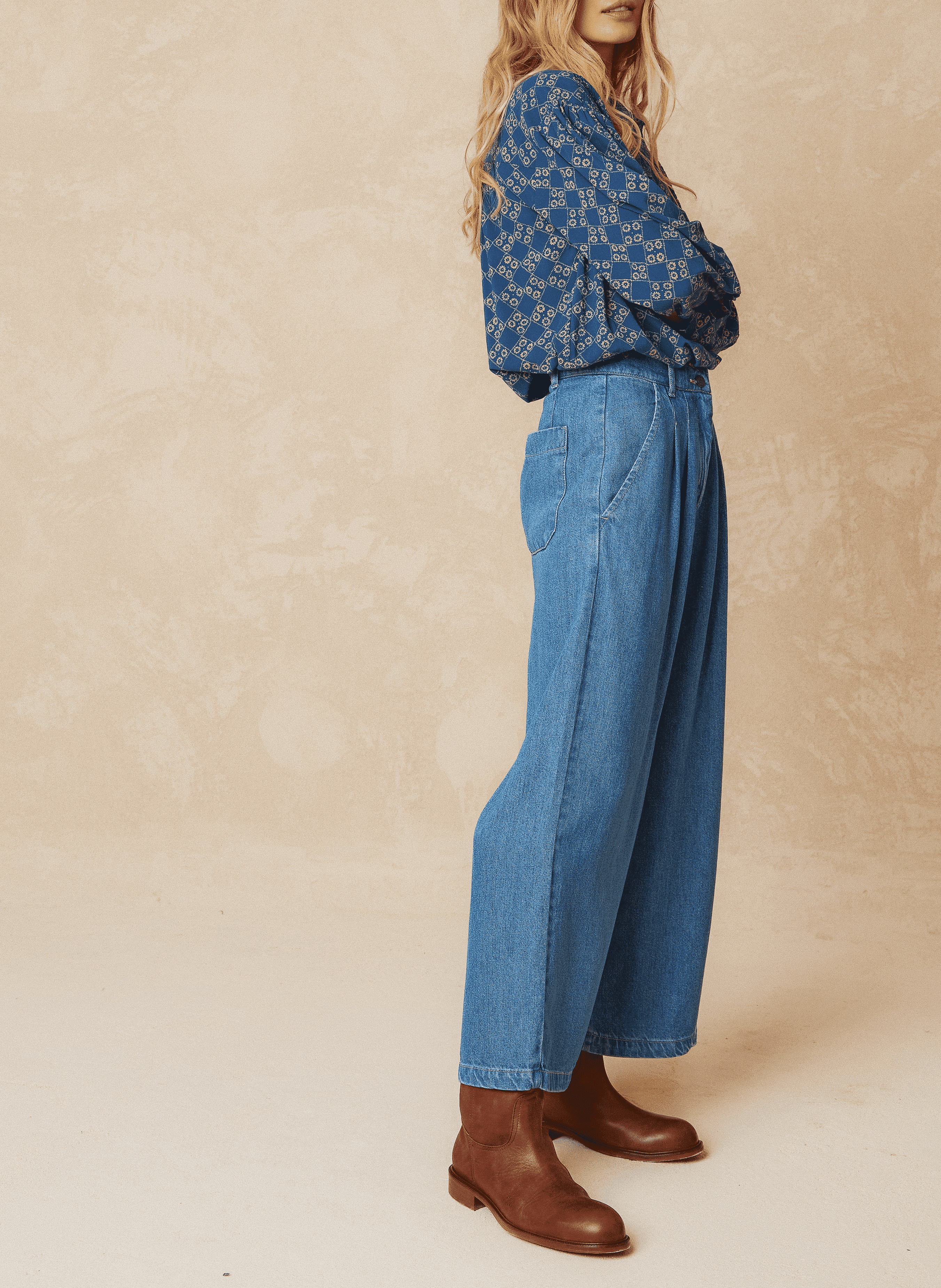 Blouse droite col classique imprimée | Bleu