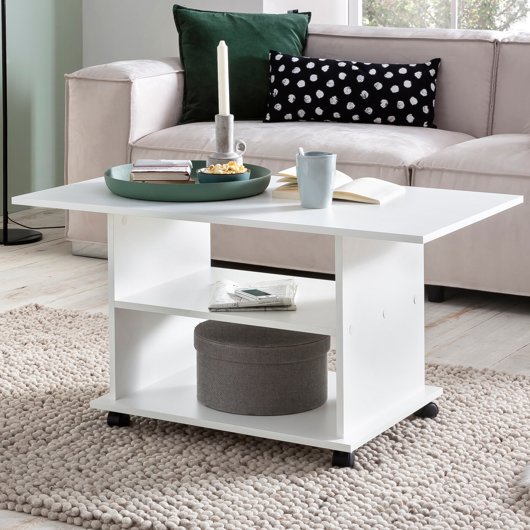 KADIMA DESIGN Couchtisch SEGRE: Stilvoll, 2 Ablageflächen, Rollen, Melaminharzbeschichtung, 95x51x54,5 cm, Weiß/Sonoma.