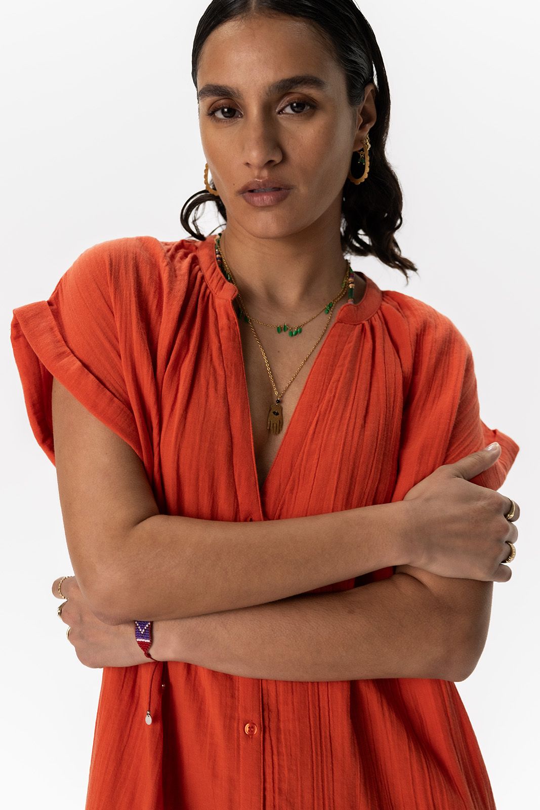 Warm oranje mousseline midi jurk met riem