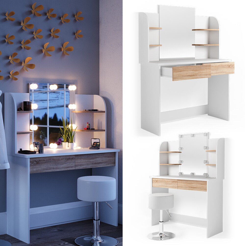 VICCO LED Schminktisch CHARLOTTE Frisiertisch Weiß Eiche Kosmetiktisch Hocker