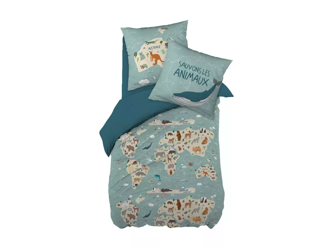 EXPLORE - Parure de Lit Coton Motif Monde Housse de Couette 140x200cm + Taie d'Oreiller