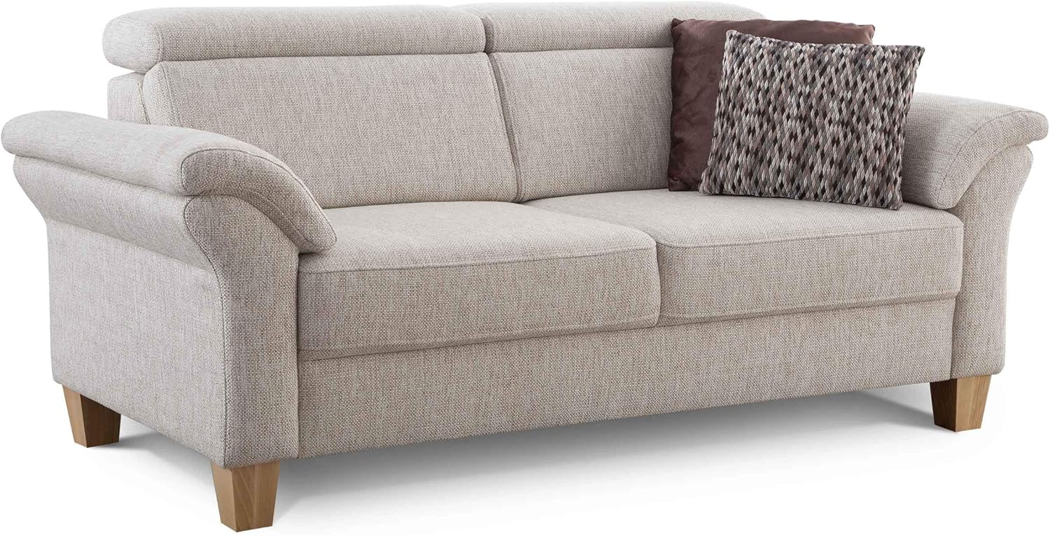 Cavadore 3-Sitzer Sofa Ammerland / Couch mit Federkern im Landhausstil / Inkl. verstellbaren Kopfstützen / 186 x 84 x 93 / Strukturstoff natur