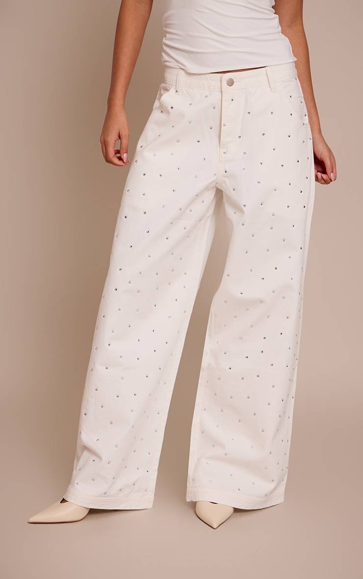 Blanc Jean Denim Large Taille Basse Décontracté Avec Strass