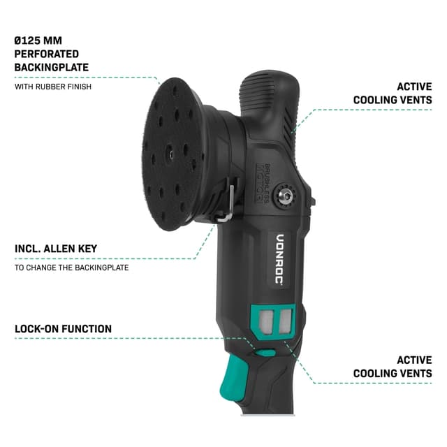 VONROC Polermaskine 20V | PRO | Ø125mm | Dual Action | 7 Hastigheder | Børsteløs Motor | Inkl. 4.0Ah Akku og oplader