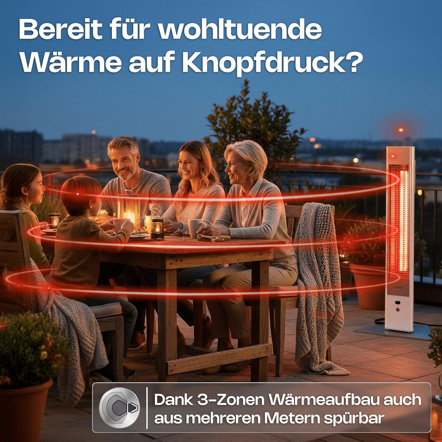 VASNER HeatTower weiß + AirCape schwarz – Infrarot Standheizstrahler 2500 Watt mit Abdeckhaube, Heizstrahler Terrasse, 4 Heizstufen, Fernbedienung, Terrassenstrahler elektrisch, IP65 Outdoor Schutz