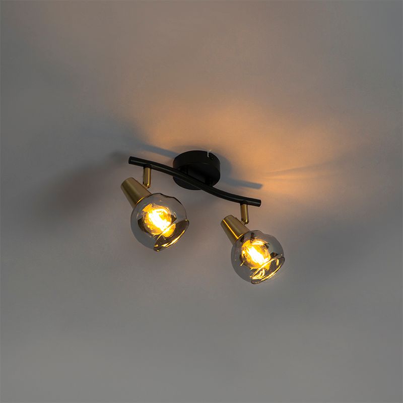 Plafondlamp zwart met messing en glas smoke 2-lichts - Vidro