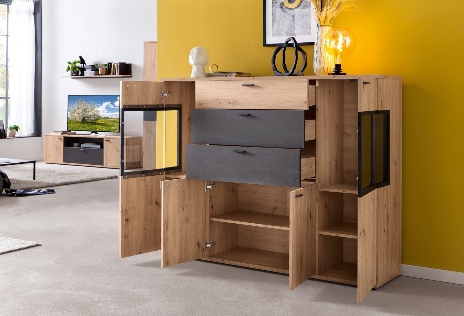 Highboard Atlanta Artisan Eiche Nachbildung/Burned wood 155 x 125 x 40 cm