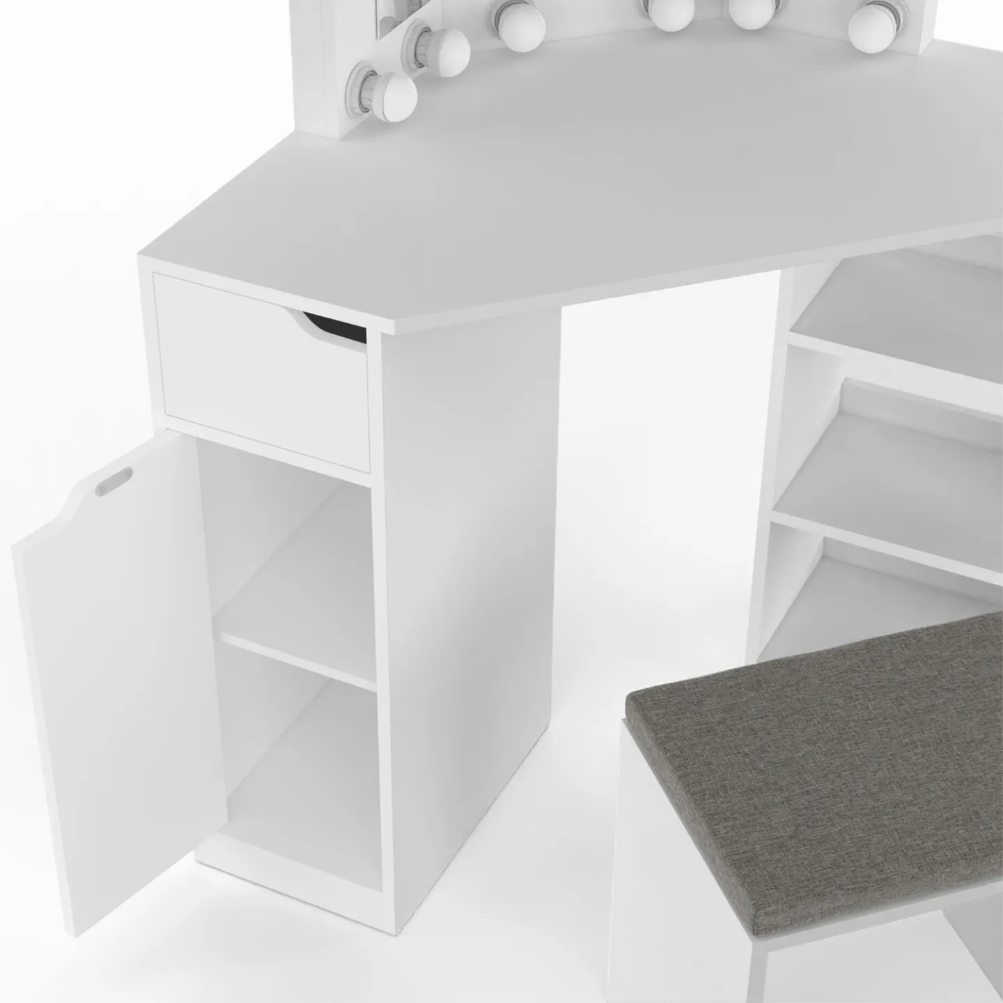 Coiffeuse d'angle ZELIA blanche 3 miroirs LED, 3 étagères, 1 tiroir, 1 caisson de rangement et tabouret