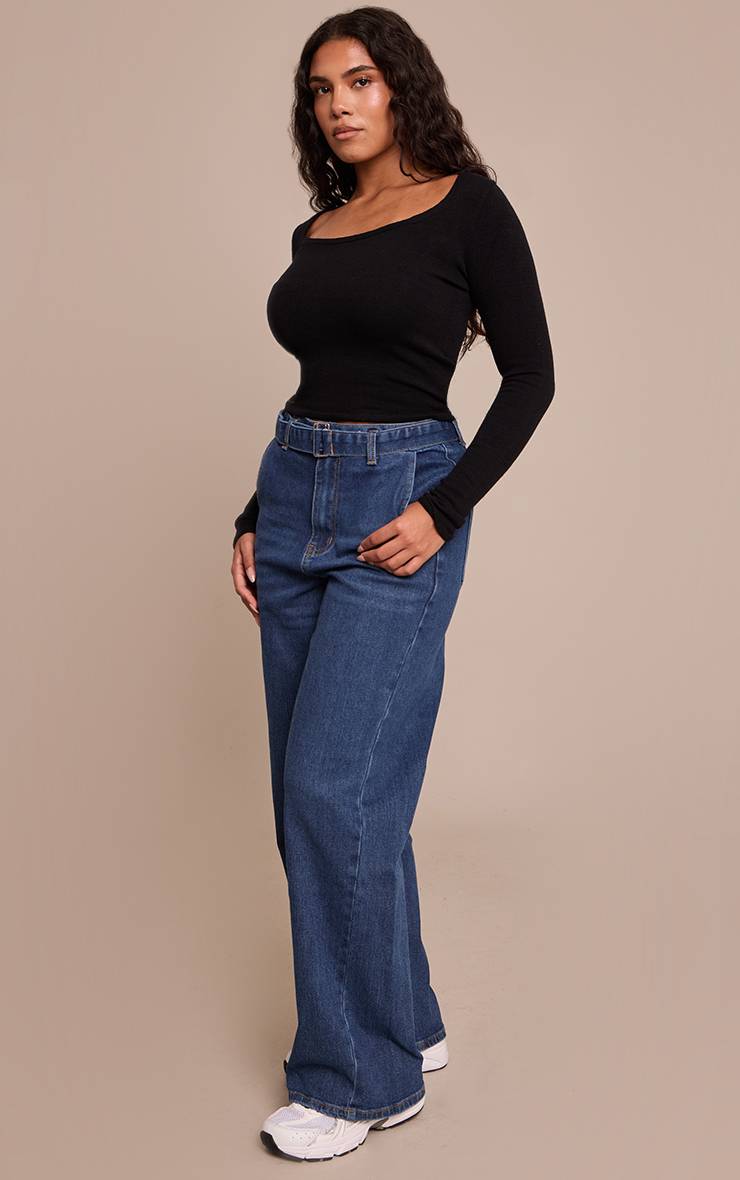 Bleu Indigo Jean Large Taille Haute Ceinturé En Denim Stretch Shape
