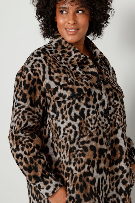 Hemdmantel, oversized, Leo-Print, Hemdkragen, Langarm