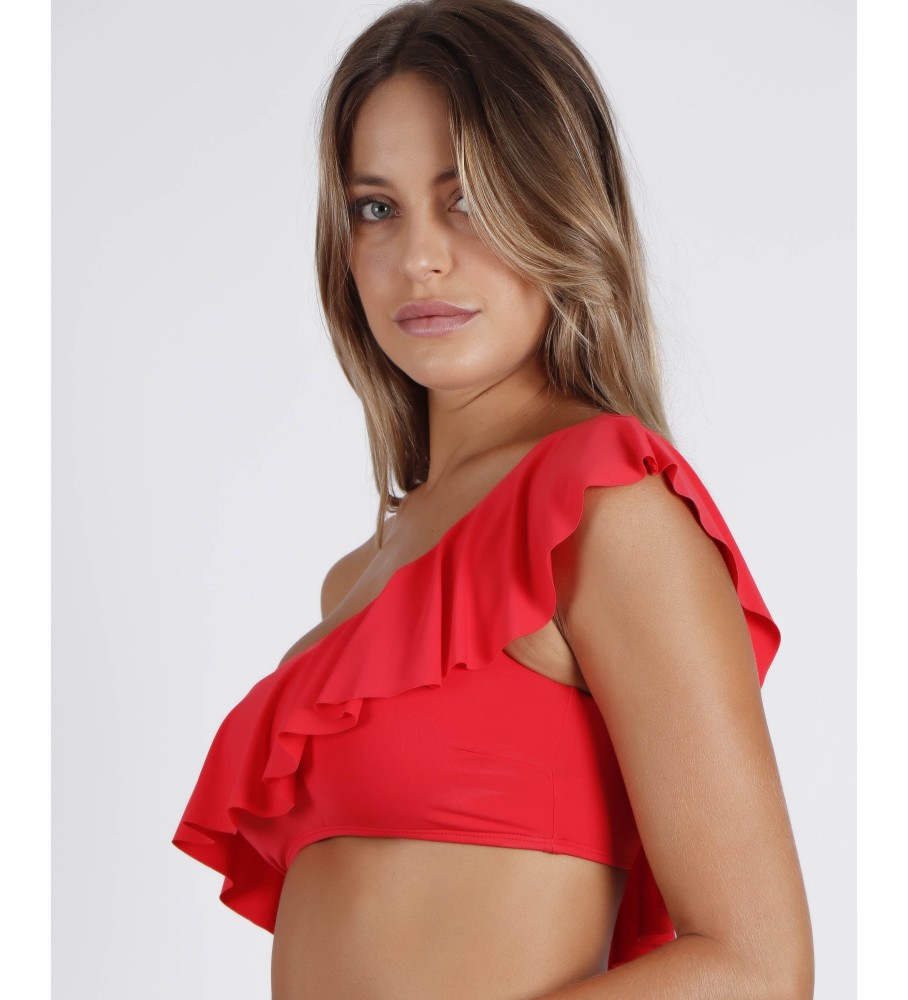 Biquíni assimétrico Admas com babado vermelho