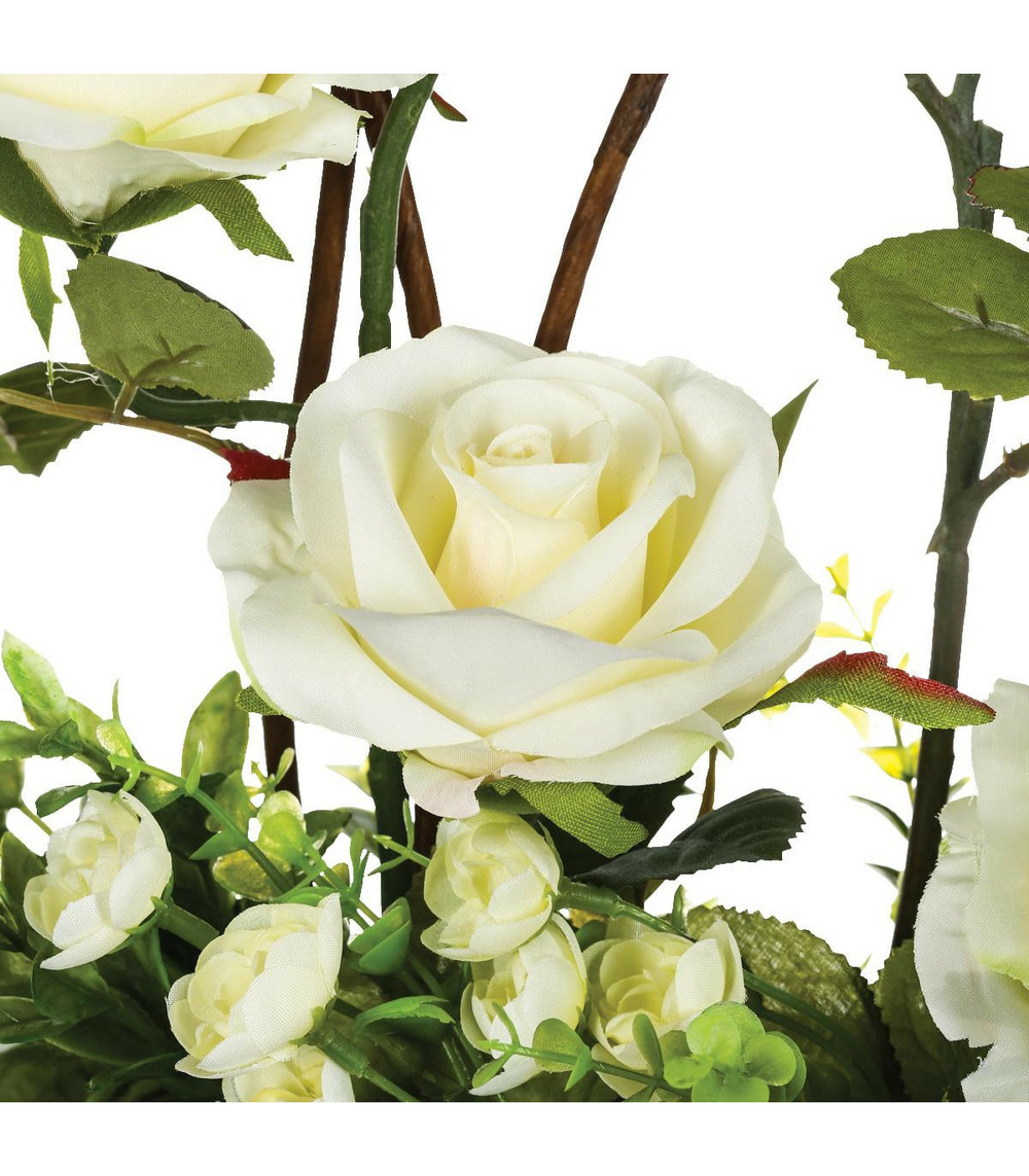 Composition florale artificielle roses dans une coupelle en céramique l 32 x h 35 cm