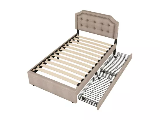 Lit capitonné en tissu de lin avec 2 tiroirs - 90x200cm - tête de lit décorée de rivets - Taupe