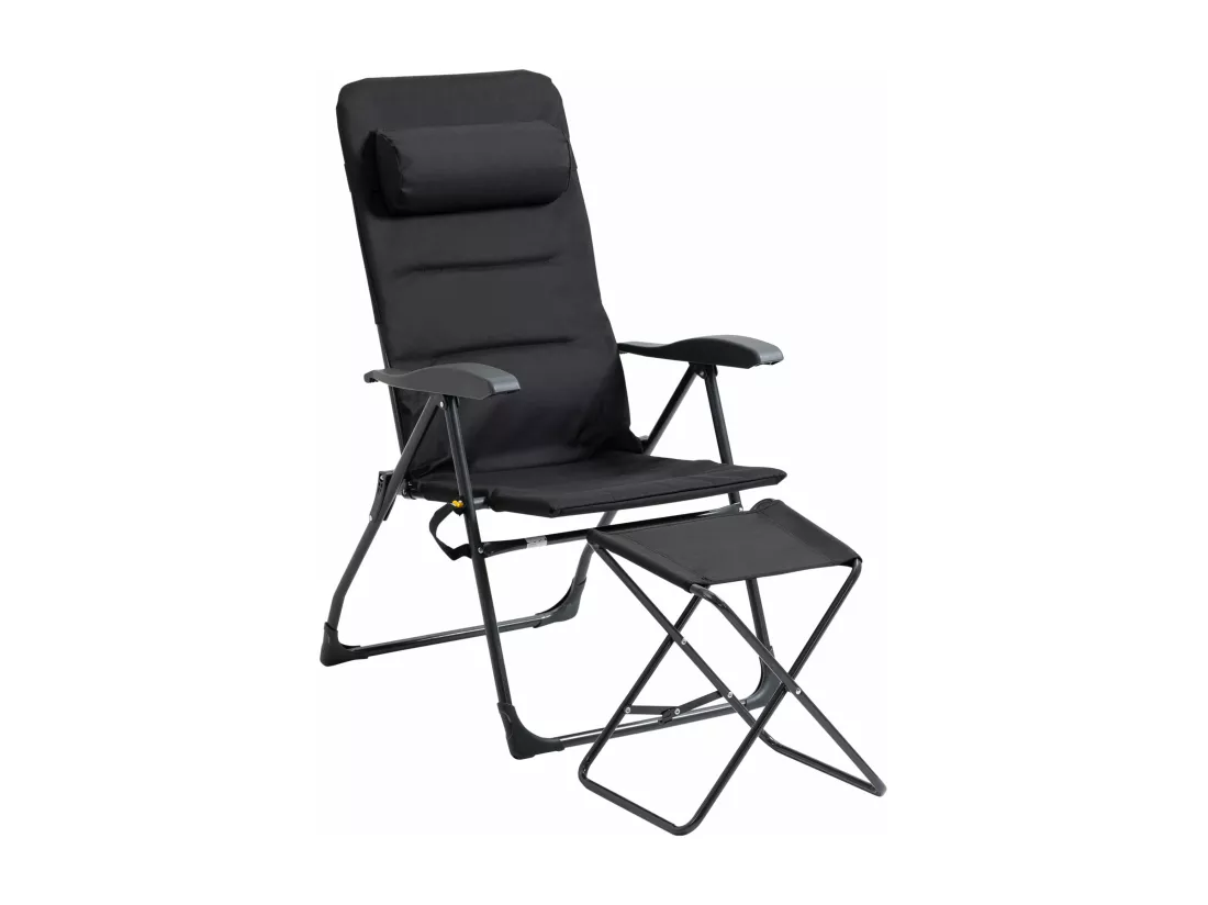 Chaise longue et repose-pied pliables - dossier réglable multi-positions - tétière, poche rangement, poignée - acier époxy polyester noir
