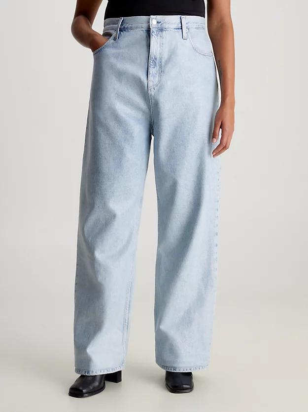 Calça jeans revestida de cintura alta e modelagem folgada