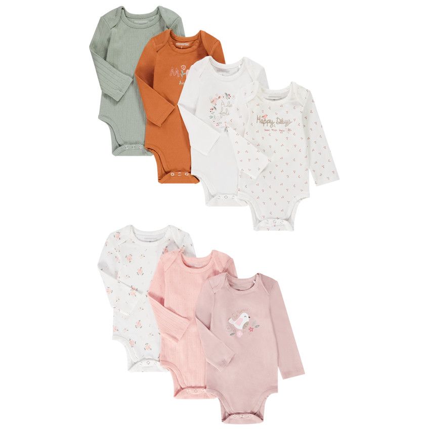 Lot de 7 bodies en jersey et rib pointelle pour bébé fille - Ecru