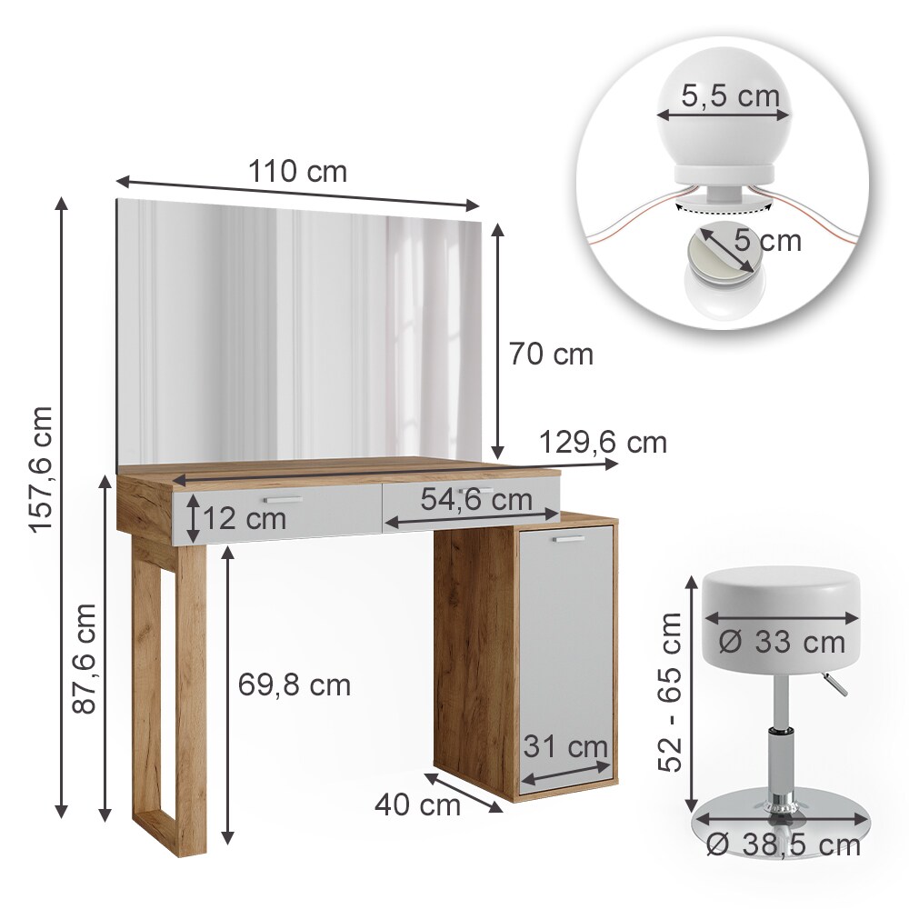 Vicco Schminktisch Regina Eiche Weiß 130 cm mit Beleuchtung und Hocker