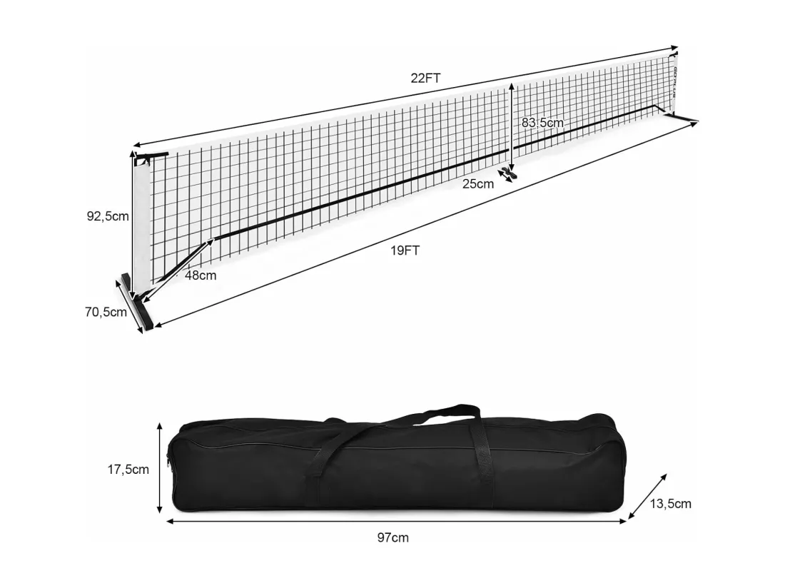 Filet de Pickleball Portable de 670 x 92 cm Tuyaux Métalliques, Filet Badminton Exterieur en Plastique et vinyle avec Sac de Transport en Oxford, pour Intérieur/Extérieur