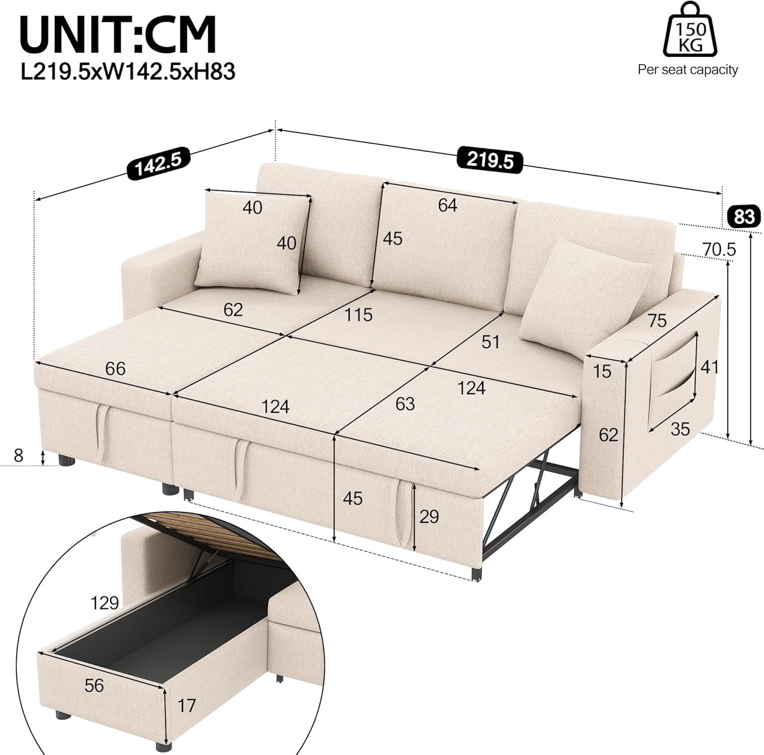 Schlafsofa mit Schlaffunktion, L-förmiges Sofa, Sofa-Chaiselongue mit Stauraum, mit Taschenaufbewahrung, Wohnzimmer-Schlafsofa, Links und rechts austauschbare Chaiselongue