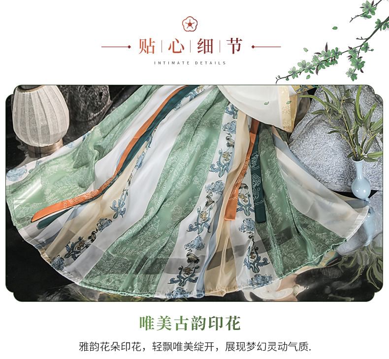 Francoix - Hanfu-top met bloemenborduursel / licht jasje / maxi-rok met gemiddelde taille / set