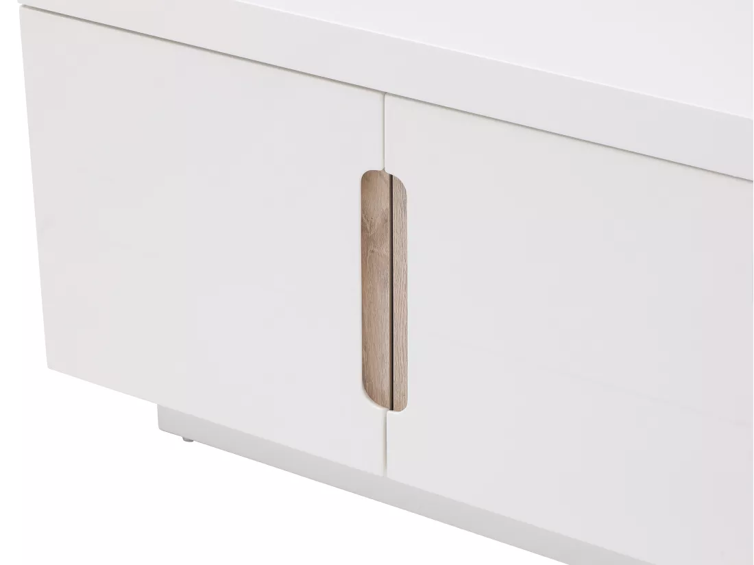 Meuble TV avec 2 portes, 2 tiroirs et 2 niches - Blanc et naturel - NURINI