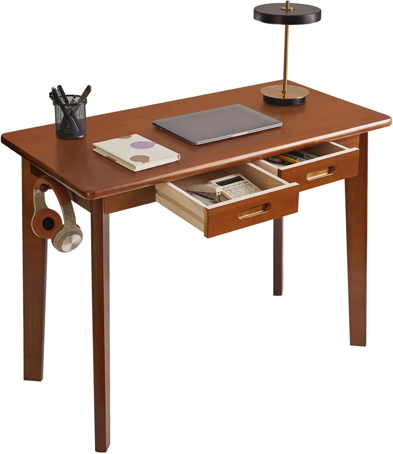 Schreibtisch aus Massivholz, Kleiner Bürotisch mit Schubladen, 100 x 50 x 75 cm, Computertisch mit Stauraum und Kleiderstange für das Home Office, Rustikales Braun YD-WD01H