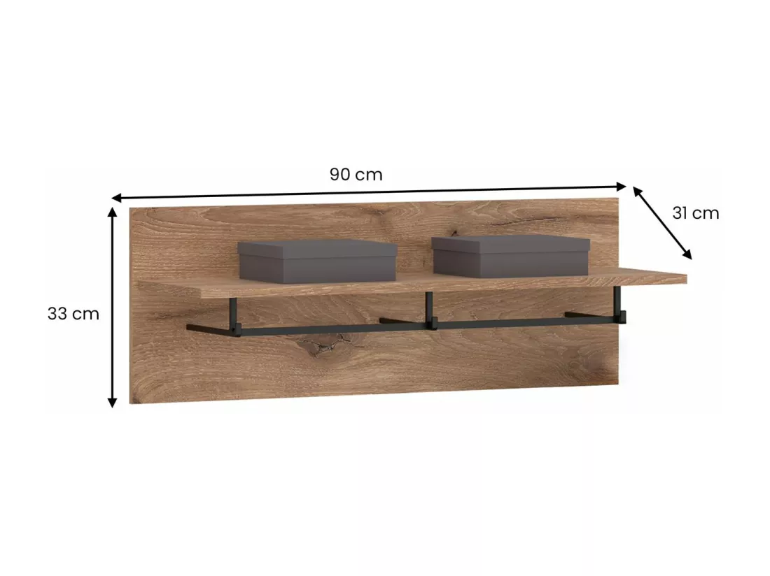 Portemanteau mural HERA avec étagère et 3 patères en bois, 88 x 33 x 31 cm, Pour couloir ou entrée moderne, Coloris chêne