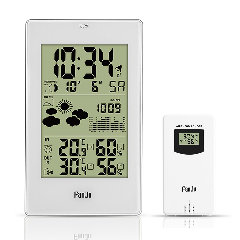 (2-tlg. Set) Wireless Wetterstation Digital Thermometer mit Hintergrundbeleuchtung und Hygrometer / Aussensensor (Batteriebetrieben) - Weiss