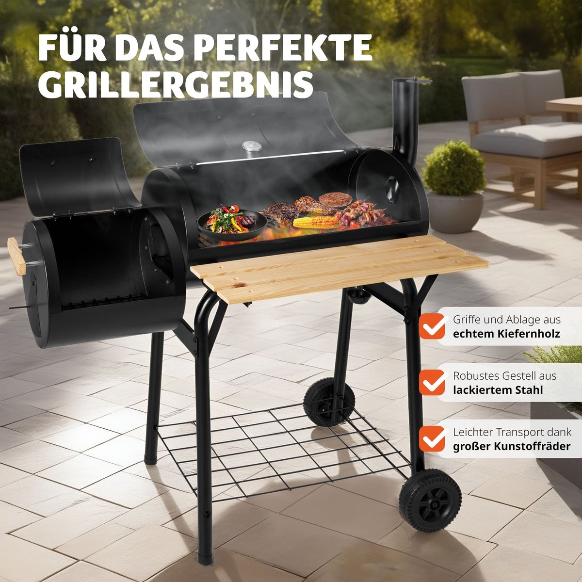 tectake 3-in-1 houtskoolgrill, voor grillen, roken en koken, met 2 wielen, 115 x 67 x 115 cm