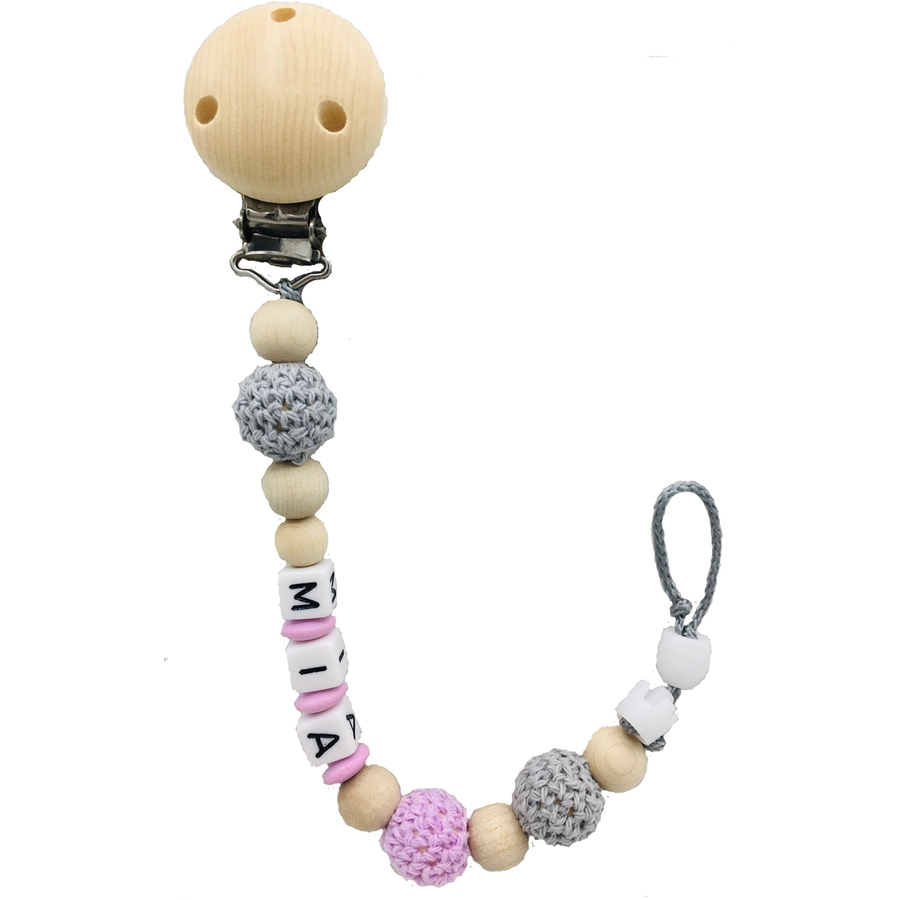 Schnullireich Schnullerkette mit Namen Häkelperle+NUK Schnuller 0-6 Mon. Rosa