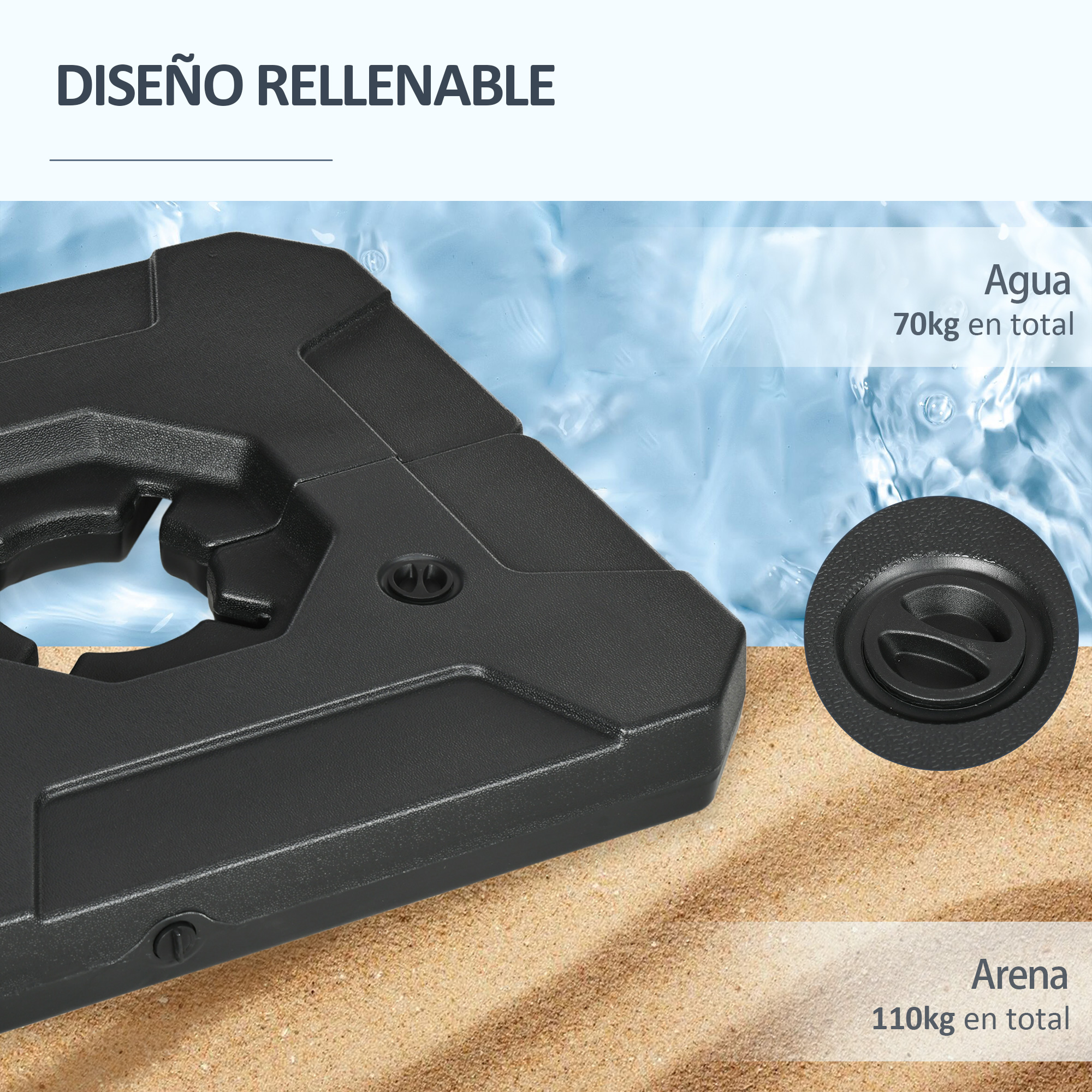 Outsunny 2 Pesos para Base de Guarda-Sol, Preenchíveis com Areia (110 kg) ou Água (70 kg) para Base Cruzada de Guarda-Sol de Braço Articulado para Jardim, Terraço e Área Externa, 88,5x88,5x12 cm, Preto