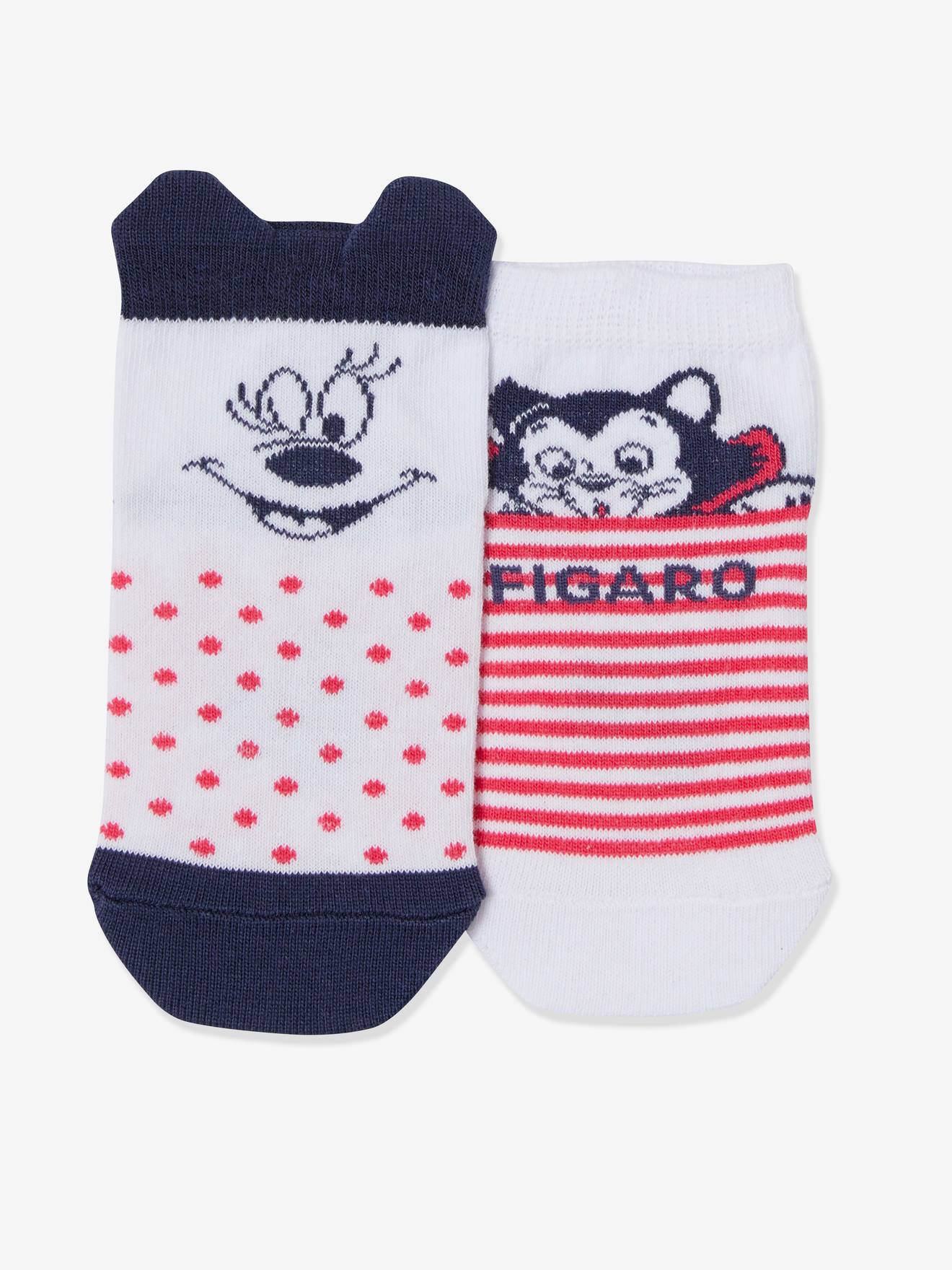 Pacote com 2 pares de meias DS Minnie and Figaro® brancas lisas, tamanho médio.